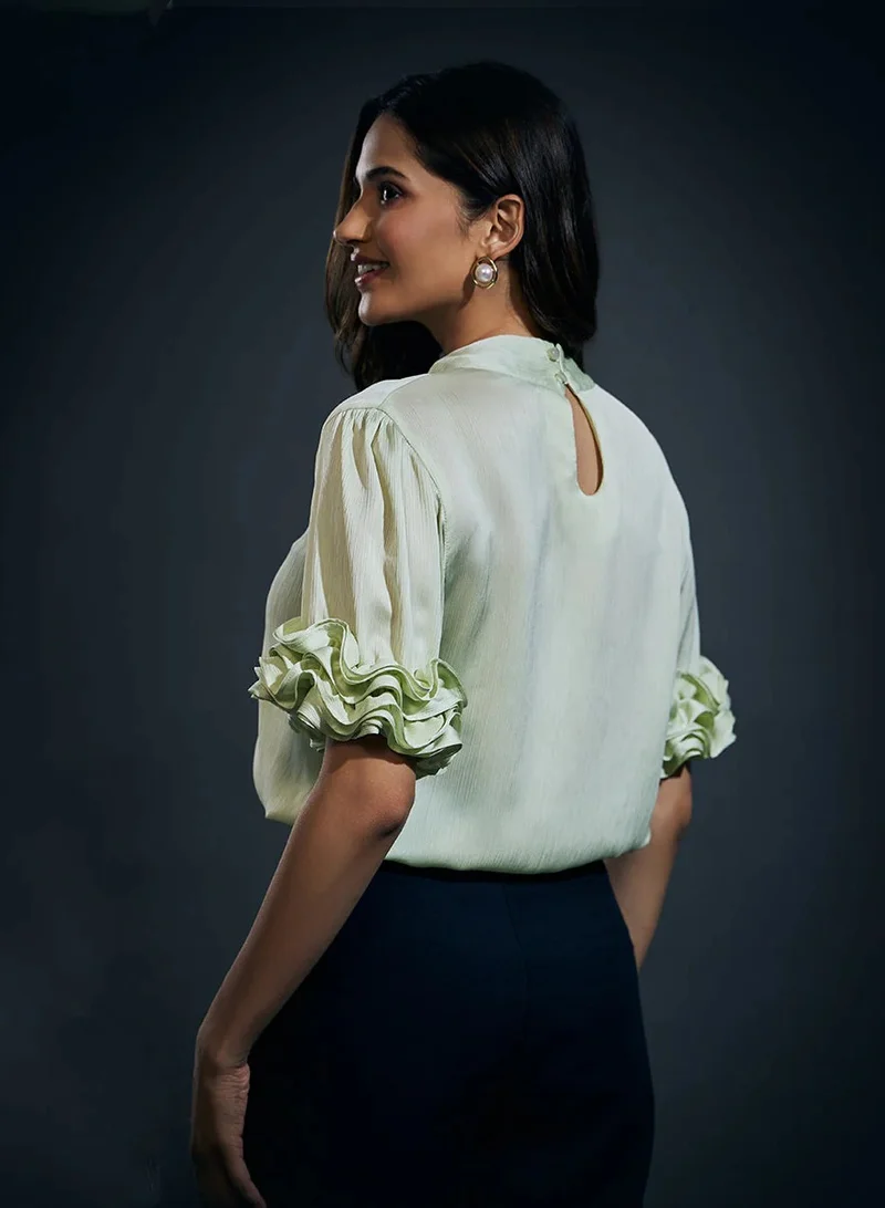 Zigzag Sleeve Frilled Satin Half Sleeve Top-Green