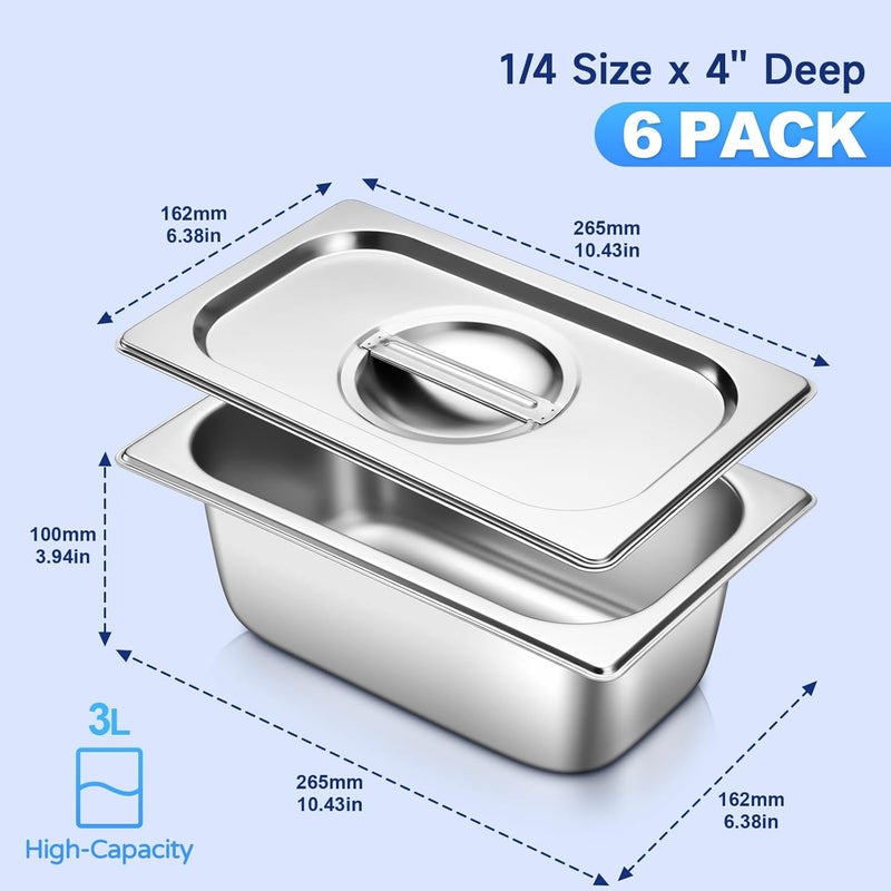 ChieFinch Hotel Pan With Lids 1/4 Size 4 Inch Deep Stainless Steel Chafing Dishes for Buffet, Steam Table Pan, Metal Commercial Food Pans for Food Prep/Catering/Food Serving (6 Pack, Half Size 1/4 x 4" Deep) - Image 2