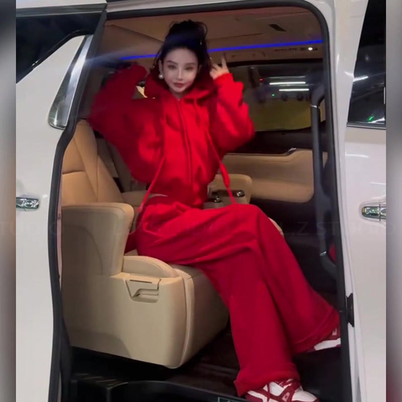 Women's Red Casual Two-Piece Set (Sweatshirt & Wide-Leg Pants) - Image 3