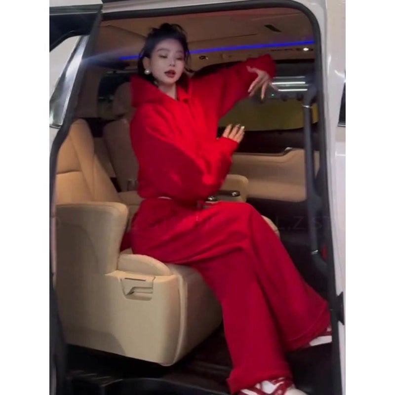 Women's Red Casual Two-Piece Set (Sweatshirt & Wide-Leg Pants) - Image 4