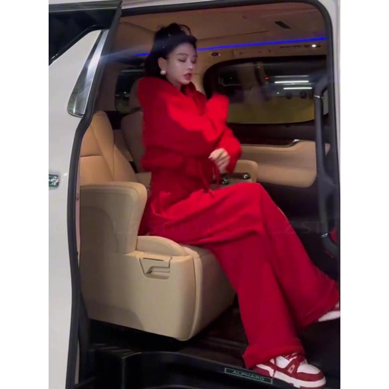 Women's Red Casual Two-Piece Set (Sweatshirt & Wide-Leg Pants) - Image 2