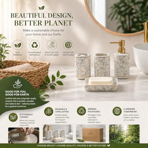 Whizzo® Marble Design Bathroom Accessories Set Ceramic - 4 Piece Marble Bathroom Accessories Set Soap Dispenser, Toothbrush Holder, Tumbler, Soap Dish, The Best Gifting Choice (White, WZ-BS-794-White) - Image 4