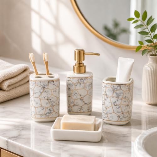 Whizzo® Marble Design Bathroom Accessories Set Ceramic - 4 Piece Marble Bathroom Accessories Set Soap Dispenser, Toothbrush Holder, Tumbler, Soap Dish, The Best Gifting Choice (White, WZ-BS-794-White) - Image 1