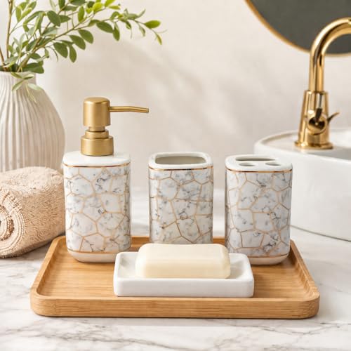 Whizzo® Marble Design Bathroom Accessories Set Ceramic - 4 Piece Marble Bathroom Accessories Set Soap Dispenser, Toothbrush Holder, Tumbler, Soap Dish, The Best Gifting Choice (White, WZ-BS-794-White) - Image 3