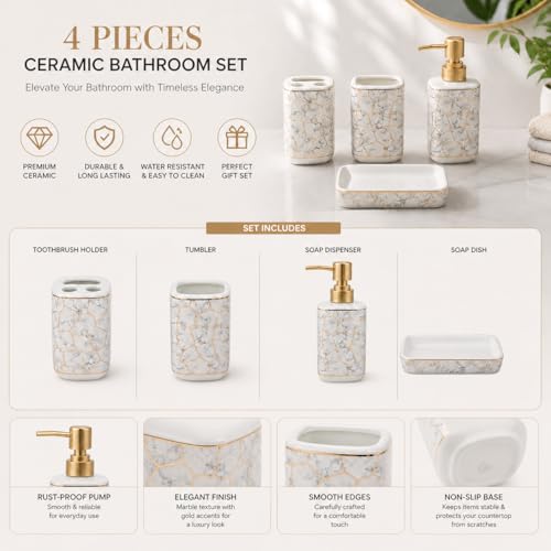 Whizzo® Marble Design Bathroom Accessories Set Ceramic - 4 Piece Marble Bathroom Accessories Set Soap Dispenser, Toothbrush Holder, Tumbler, Soap Dish, The Best Gifting Choice (White, WZ-BS-794-White) - Image 2