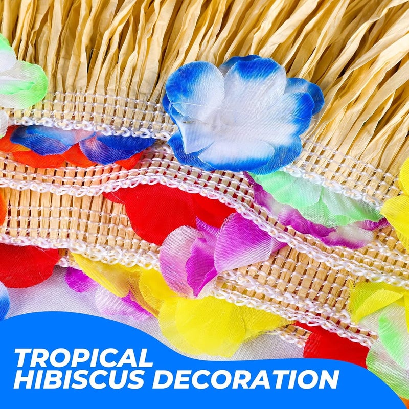 Aodaer 4 Pack Paper Luau Grass Table Skirt with Hibiscus Flowers 9 Feet x 30 Inch Raffia Style Hawaiian Table Skirt Rectangle Tropical Luau Party Decorations for Summer Beach Party, Straw - Image 4