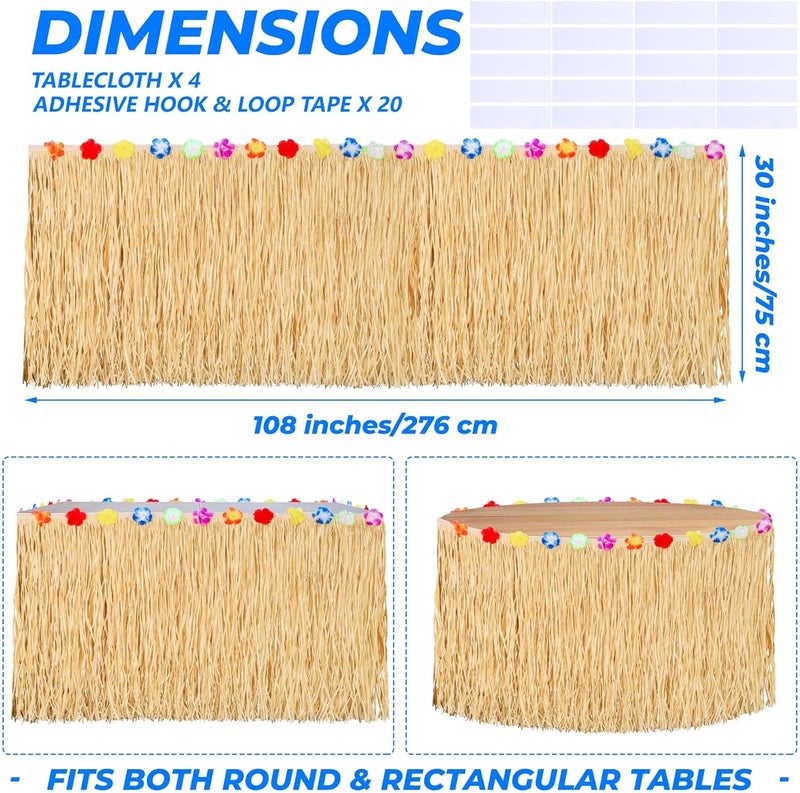 Aodaer 4 Pack Paper Luau Grass Table Skirt with Hibiscus Flowers 9 Feet x 30 Inch Raffia Style Hawaiian Table Skirt Rectangle Tropical Luau Party Decorations for Summer Beach Party, Straw - Image 2