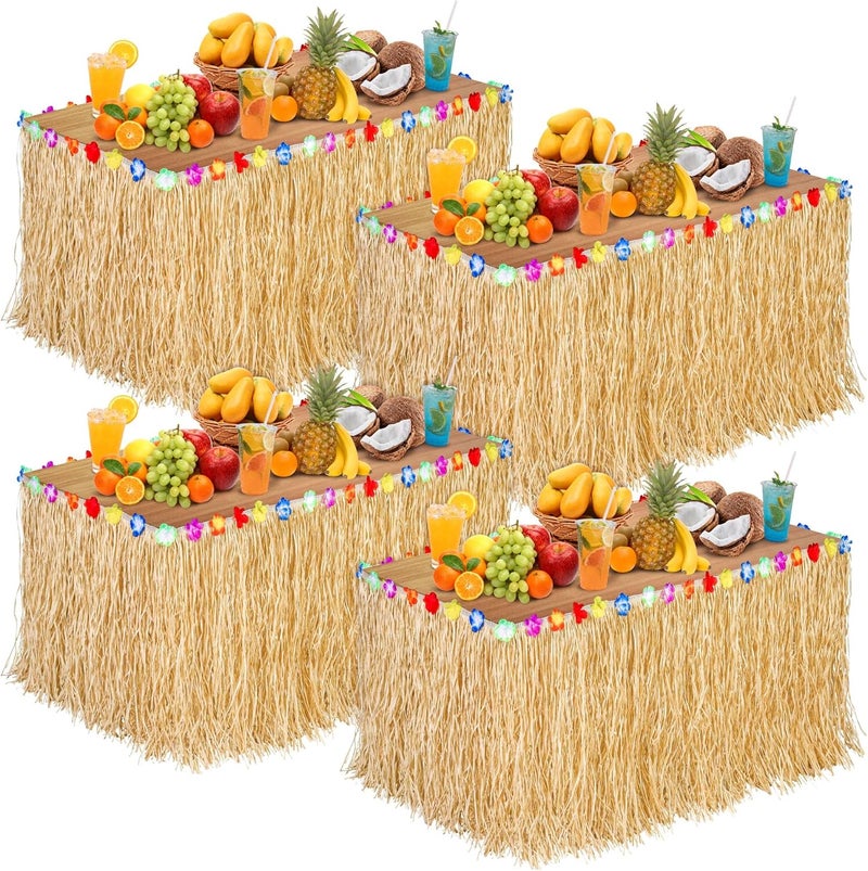 Aodaer 4 Pack Paper Luau Grass Table Skirt with Hibiscus Flowers 9 Feet x 30 Inch Raffia Style Hawaiian Table Skirt Rectangle Tropical Luau Party Decorations for Summer Beach Party, Straw - Image 1