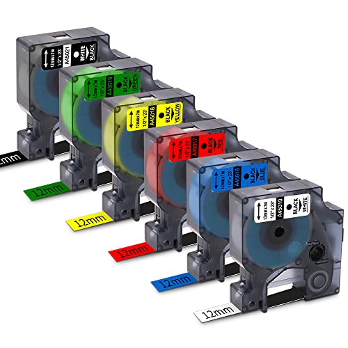 Freshworld 6-Pack Replacement for Dymo D1 Label Tapes Color Combo Set 45013 45016 45017 45018 45019 45021 D1 Refills,1/2 Inch (12mm) x 23 Ft(7m),for LabelManager PnP 160 210D 260P 280 360D 420P Label Maker - Image 1