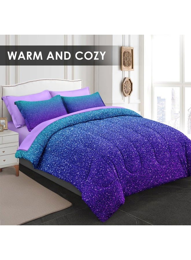 Pamnest Comforter Set Queen Size, Colorful Girls Ombre Purple Glitter 7 Pcs Bedding for Kids and Adults, Neon Blue Teal Bed Sheet Sets with Fitted Sheet 2 Pillowcases & 2 Shams for Bedroom Bed Decor - Image 2
