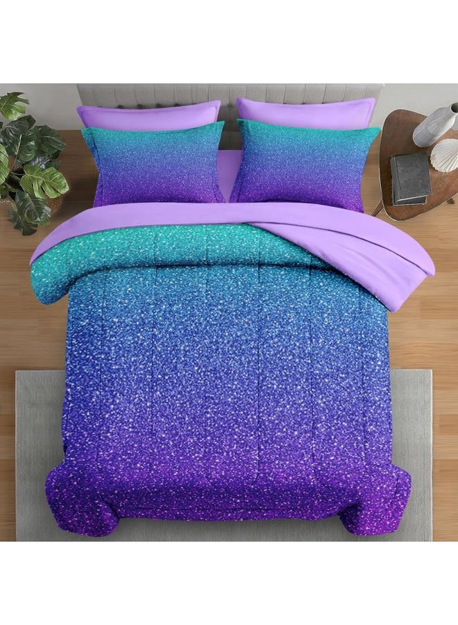 Pamnest Comforter Set Queen Size, Colorful Girls Ombre Purple Glitter 7 Pcs Bedding for Kids and Adults, Neon Blue Teal Bed Sheet Sets with Fitted Sheet 2 Pillowcases & 2 Shams for Bedroom Bed Decor - Image 1