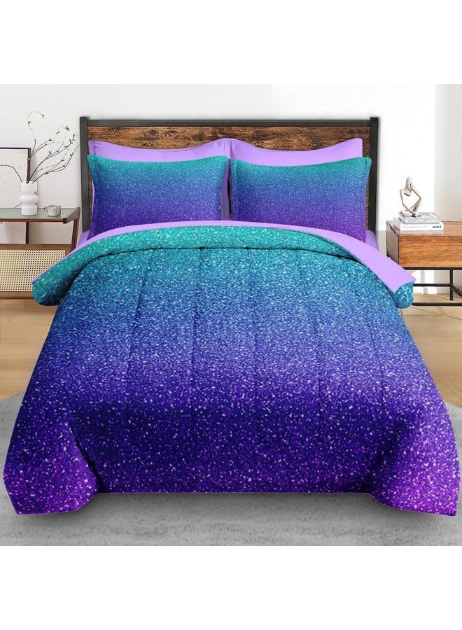 Pamnest Comforter Set Queen Size, Colorful Girls Ombre Purple Glitter 7 Pcs Bedding for Kids and Adults, Neon Blue Teal Bed Sheet Sets with Fitted Sheet 2 Pillowcases & 2 Shams for Bedroom Bed Decor - Image 3