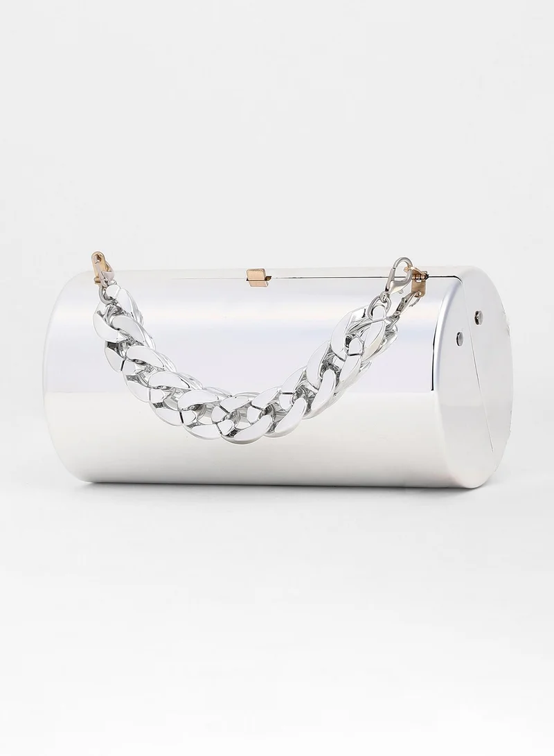 Haute Sauce  Haute Sauce Women's The Columner Clutch Bag For Casual Wear | Metallic Silver Colour | One-Size| Push Button Closure | Acrylic Material | Non-Detachable Handle | Bags For Woman & Girls for Women | Best Price UAE