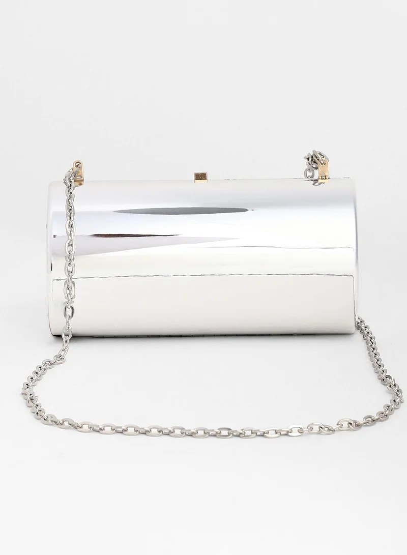 Haute Sauce  Haute Sauce Women's The Columner Clutch Bag For Casual Wear | Metallic Silver Colour | One-Size| Push Button Closure | Acrylic Material | Non-Detachable Handle | Bags For Woman & Girls for Women | Best Price UAE