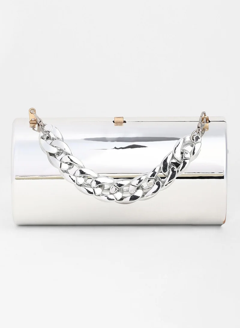 Haute Sauce  Haute Sauce Women's The Columner Clutch Bag For Casual Wear | Metallic Silver Colour | One-Size| Push Button Closure | Acrylic Material | Non-Detachable Handle | Bags For Woman & Girls for Women | Best Price UAE
