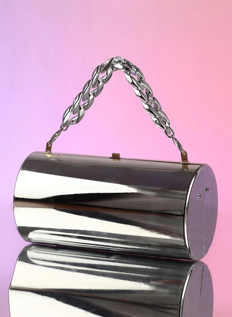 Haute Sauce Haute Sauce Women's The Columner Clutch Bag For Casual Wear | Metallic Silver Colour | One-Size| Push Button Closure | Acrylic Material | Non-Detachable Handle | Bags For Woman & Girls