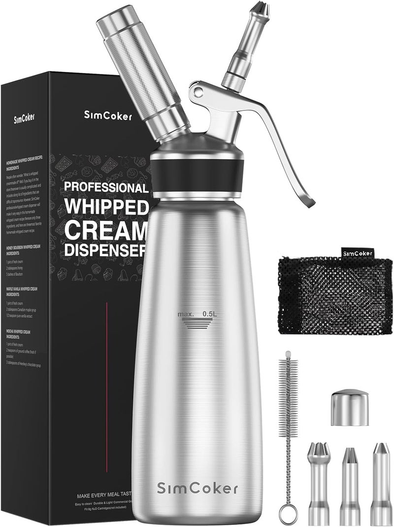 SimCoker Professional Stainless Steel Whipped Cream Dispenser – 500 mL / 1 Pint, Includes 3 Decorating Nozzles, Cleaning Brush & Storage Bag – Ideal for Desserts, Coffee & Pastries (N₂O Chargers Not Included) - Image 1