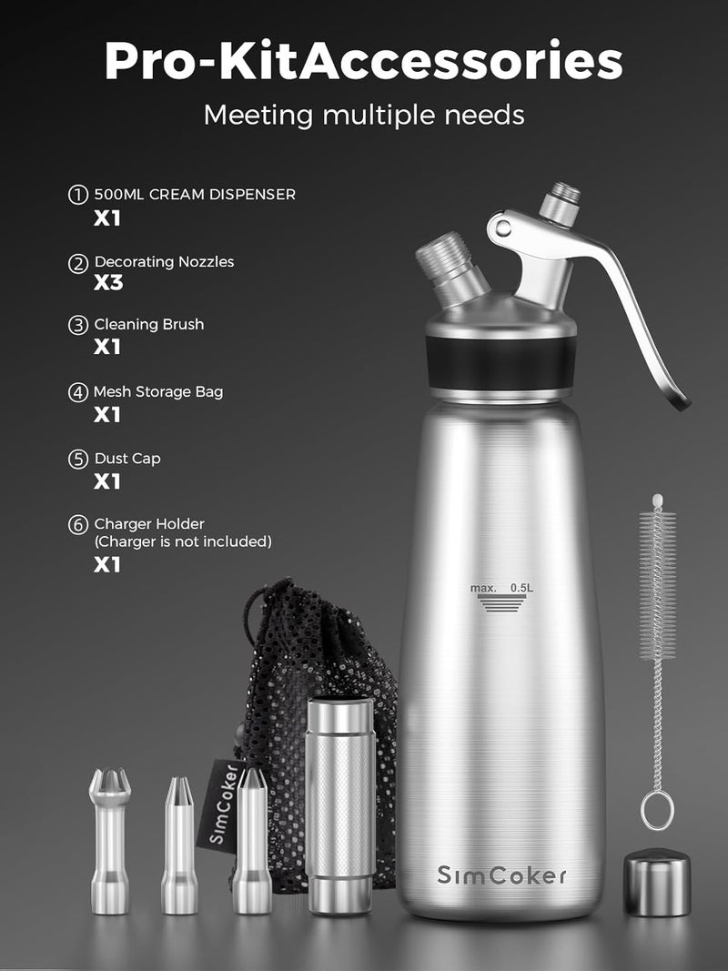 SimCoker Professional Stainless Steel Whipped Cream Dispenser – 500 mL / 1 Pint, Includes 3 Decorating Nozzles, Cleaning Brush & Storage Bag – Ideal for Desserts, Coffee & Pastries (N₂O Chargers Not Included) - Image 4