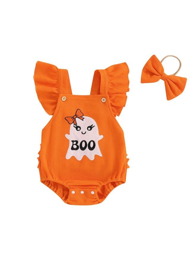 mlpeerw My First Halloween Baby Girl Outfit Newborn Fly Sleeve Ghost Romper Jumpsuit Cute Infant Halloween Clothes (Orange, 3-6 Months) - Image 1