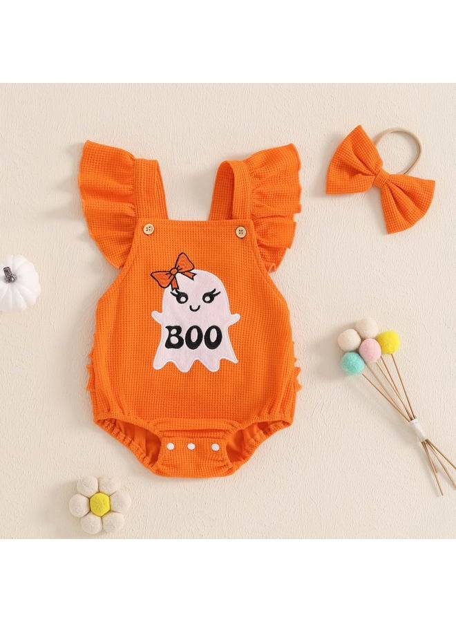 mlpeerw My First Halloween Baby Girl Outfit Newborn Fly Sleeve Ghost Romper Jumpsuit Cute Infant Halloween Clothes (Orange, 3-6 Months) - Image 2