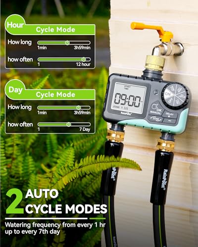 RAINPOINT Water Timer for Garden Hose - Sprinkler Timer with Brass Swivel - Rain Delay/Manual Watering/Automatic Irrigation Programmable Faucet for Yard, 2 Outlet - Image 2
