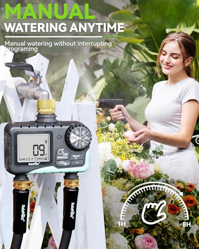 RAINPOINT Water Timer for Garden Hose - Sprinkler Timer with Brass Swivel - Rain Delay/Manual Watering/Automatic Irrigation Programmable Faucet for Yard, 2 Outlet - Image 5