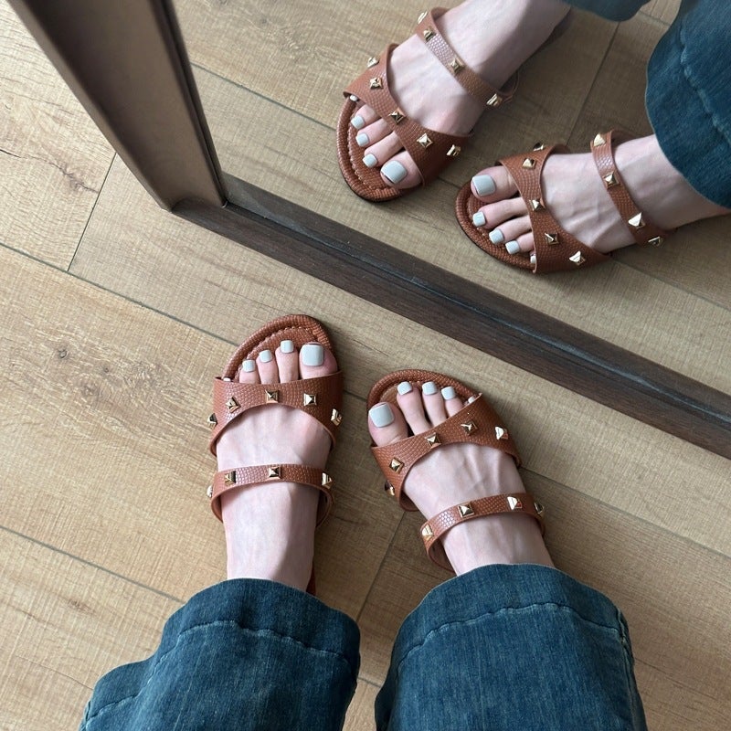 Southeast Asian Women'S Solid Color Large Size Slippers And Sandals, Casual Square Open-Toe Flat Summer Shoes, Lightweight - Image 2