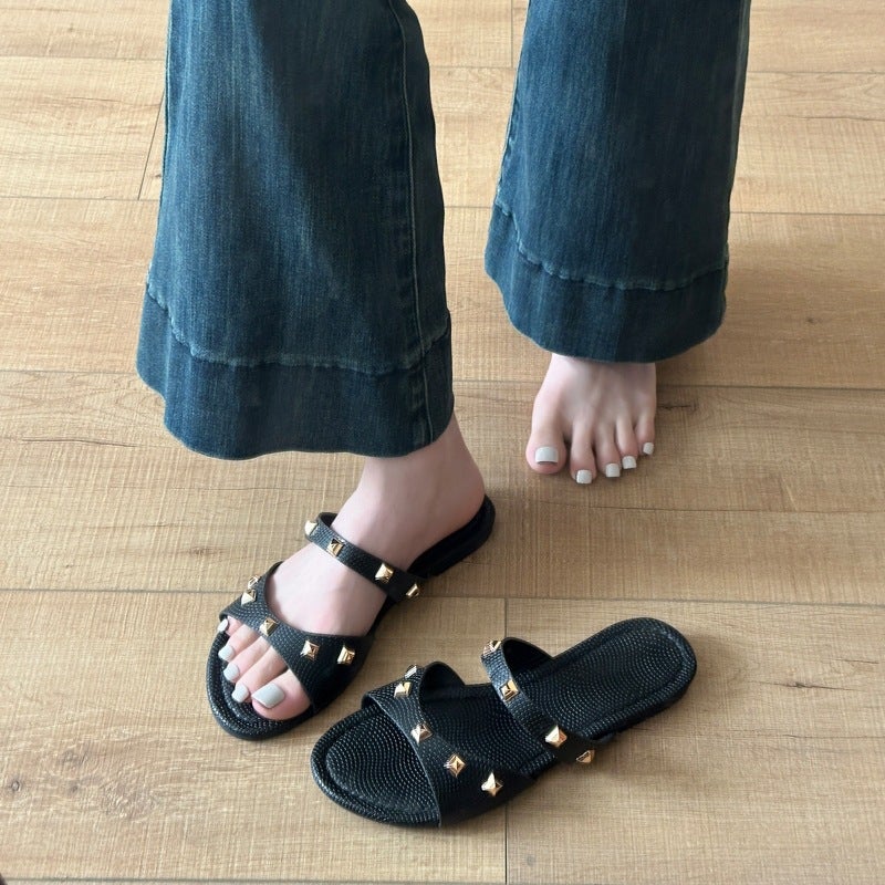 Southeast Asian Women'S Solid Color Large Size Slippers And Sandals, Casual Square Open-Toe Flat Summer Shoes, Lightweight - Image 3