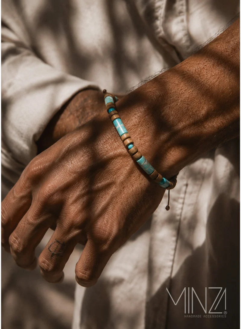 Minza Minza “Haft Sang Camp” Men’s Bracelet, Jasper & Natural Wood Beads, Handmade Adjustable Bracelet for Men, Jewelry for Casual & Outdoor Wear.