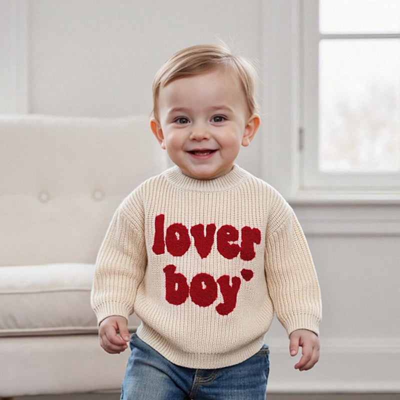Lesimsam Toddler Baby Boy Valentine's Day Outfit Letter Embroidery Knit Sweater Long Sleeve Knitted Pullover Sweatshirt Top (A-Beige, 3-4 Years) - Image 3