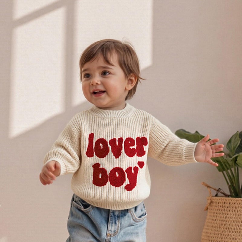 Lesimsam Toddler Baby Boy Valentine's Day Outfit Letter Embroidery Knit Sweater Long Sleeve Knitted Pullover Sweatshirt Top (A-Beige, 3-4 Years) - Image 4