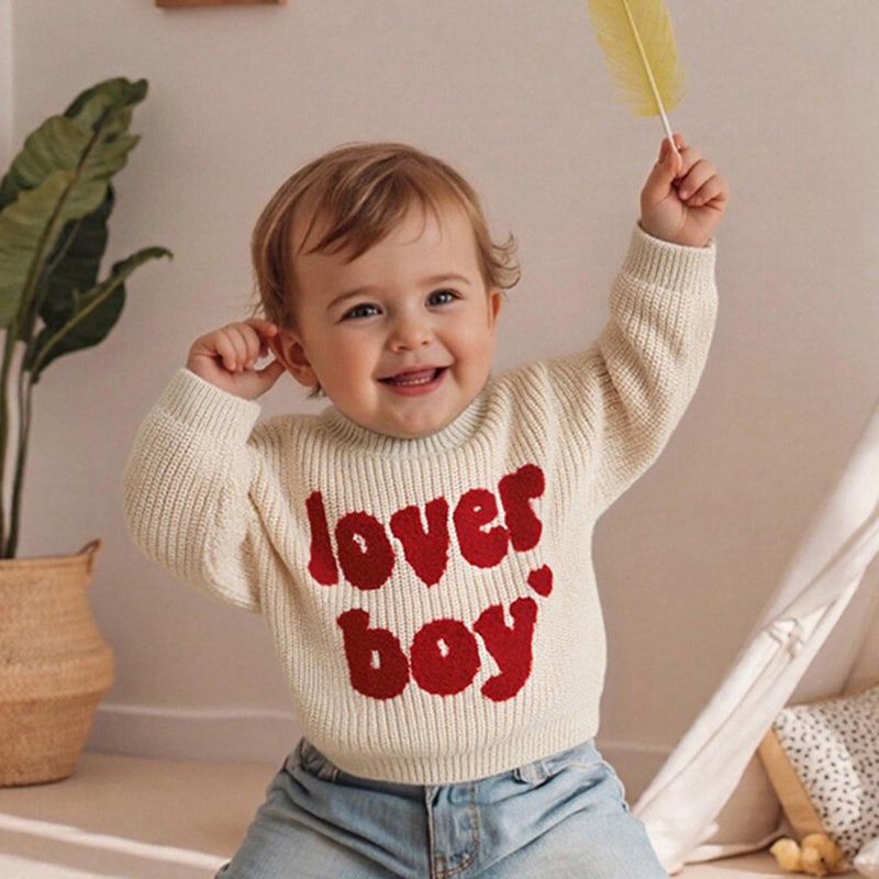 Lesimsam Toddler Baby Boy Valentine's Day Outfit Letter Embroidery Knit Sweater Long Sleeve Knitted Pullover Sweatshirt Top (A-Beige, 3-4 Years) - Image 2