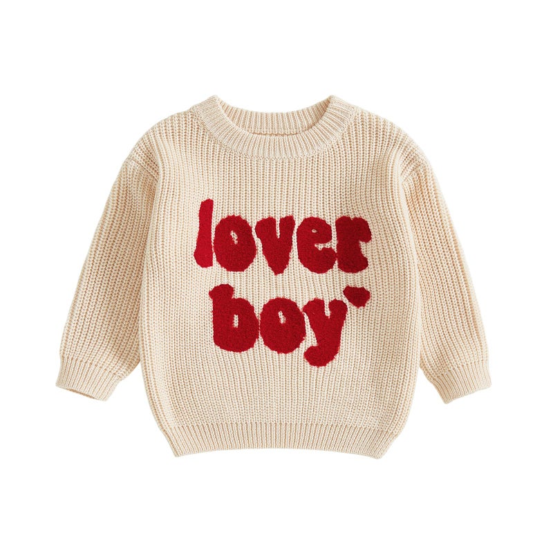 Lesimsam Toddler Baby Boy Valentine's Day Outfit Letter Embroidery Knit Sweater Long Sleeve Knitted Pullover Sweatshirt Top (A-Beige, 3-4 Years) - Image 1