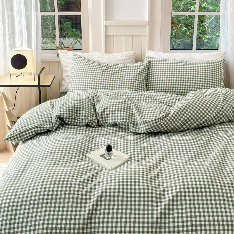 LifeTB Green Grid Gingham Duvet Cover Queen 3 Pieces Green Plaid Duvet Cover with 2 Pillowcases 100 Washed Cotton Grid Checkered Comforter Cover Breathable Green Plaid Bedding Set Queen - Image 2