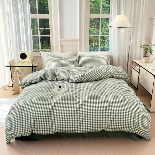 LifeTB Green Grid Gingham Duvet Cover Queen 3 Pieces Green Plaid Duvet Cover with 2 Pillowcases 100 Washed Cotton Grid Checkered Comforter Cover Breathable Green Plaid Bedding Set Queen - Image 3