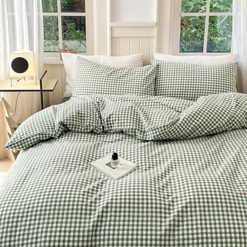LifeTB Green Grid Gingham Duvet Cover Queen 3 Pieces Green Plaid Duvet Cover with 2 Pillowcases 100 Washed Cotton Grid Checkered Comforter Cover Breathable Green Plaid Bedding Set Queen - Image 1