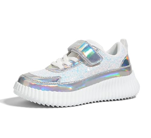 LUCKY STEP ChildrenKidsBoysGirl Glitter Comfort Casual School Low Top Sneaker Strap Athletic Tennis Running Shoes White GlitterLittle Kids 2 - Image 1