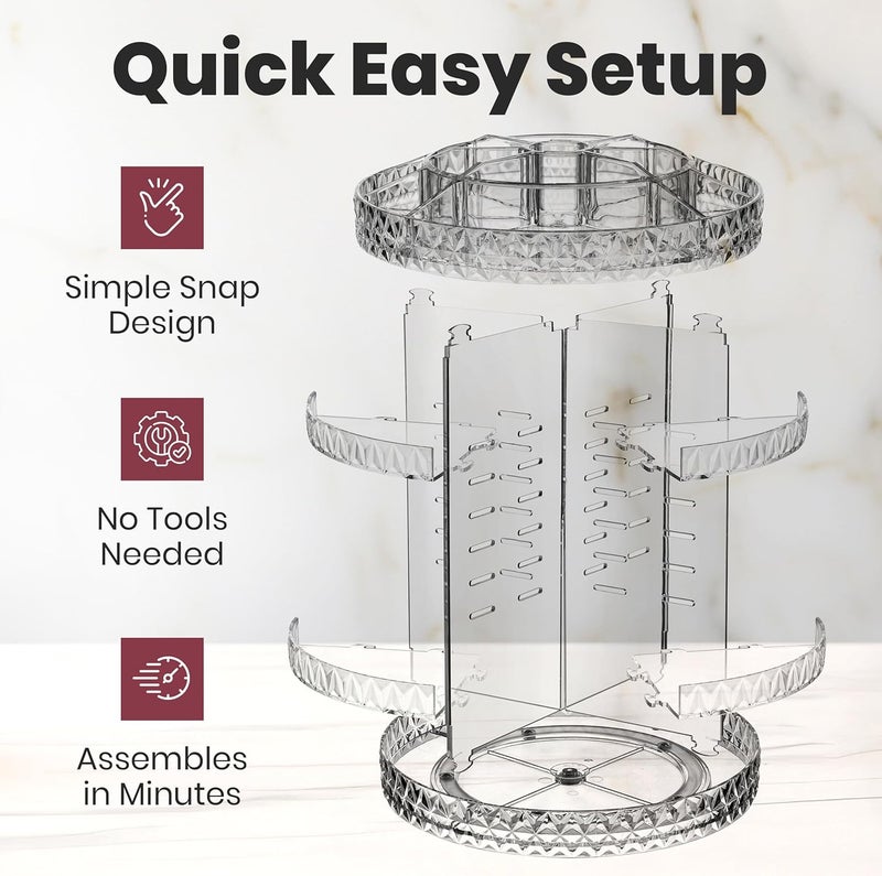 Masirs 360 Rotating Makeup Organizer Diamond Design - Adjustable Shelf Height and Fully Rotatable - The Perfect Round Spinning Cosmetic Organizer for Bedroom Dresser or Vanity Countertop Storage (Clear) - Image 5