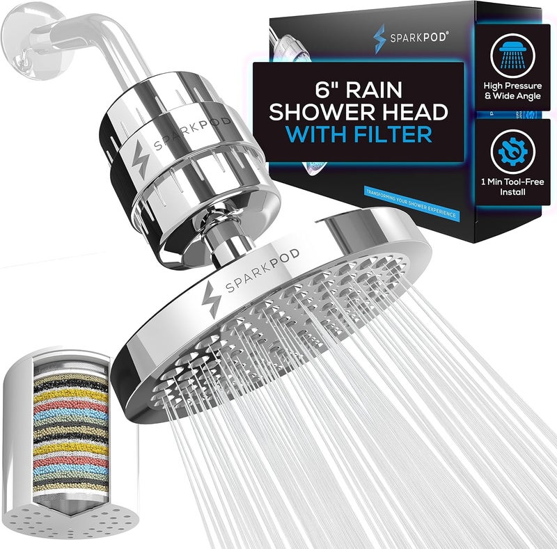 SparkPod Luxury Filtered Shower Head Set 23 Stage Shower Filter - Reduces Chlorine and Heavy Metals - High Pressure Showerhead Filter (6" Round, Luxury Polished Chrome) - Image 1