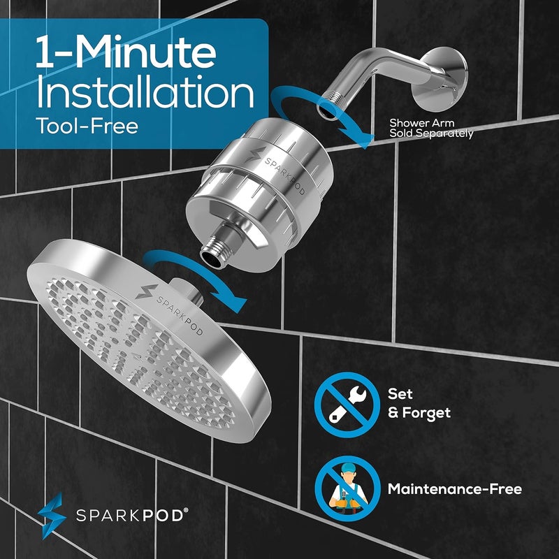SparkPod Luxury Filtered Shower Head Set 23 Stage Shower Filter - Reduces Chlorine and Heavy Metals - High Pressure Showerhead Filter (6" Round, Luxury Polished Chrome) - Image 5