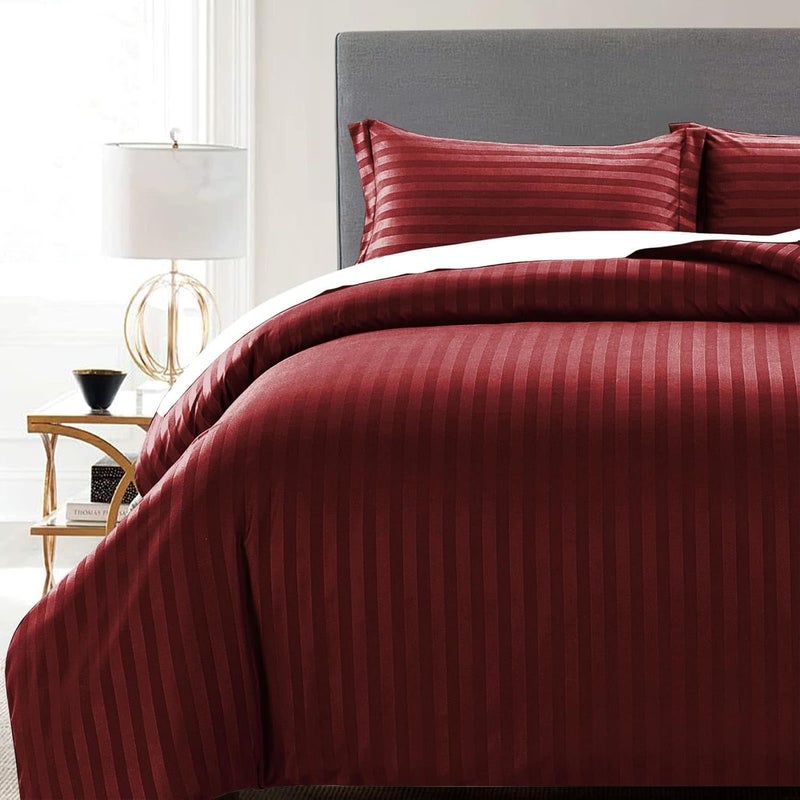 MOONLIGHT20015 Single Duvet Cover Set Hotel Quality Stripes Satin Bedding Sets with Pillowcase, Reversible Hypoallergenic Soft Breathable Bed Covers (Burgundy, Single) - Image 5