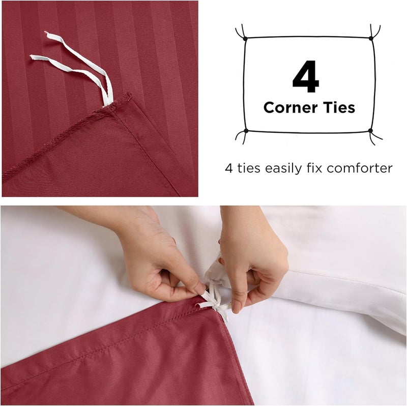 MOONLIGHT20015 Single Duvet Cover Set Hotel Quality Stripes Satin Bedding Sets with Pillowcase, Reversible Hypoallergenic Soft Breathable Bed Covers (Burgundy, Single) - Image 4
