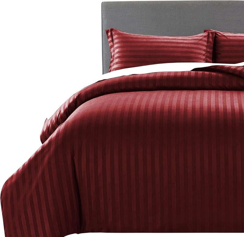 MOONLIGHT20015 Single Duvet Cover Set Hotel Quality Stripes Satin Bedding Sets with Pillowcase, Reversible Hypoallergenic Soft Breathable Bed Covers (Burgundy, Single) - Image 1
