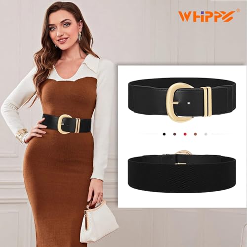 WHIPPY Women Wide Elastic Waist Belt for Dresses Fashion Gold Buckle Stretchy Leather Waistband for Ladies, Black, Fits Waist 33"-38" - Image 3