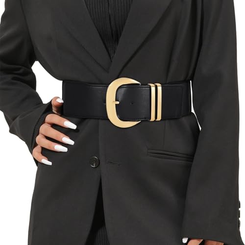 WHIPPY Women Wide Elastic Waist Belt for Dresses Fashion Gold Buckle Stretchy Leather Waistband for Ladies, Black, Fits Waist 33"-38" - Image 1