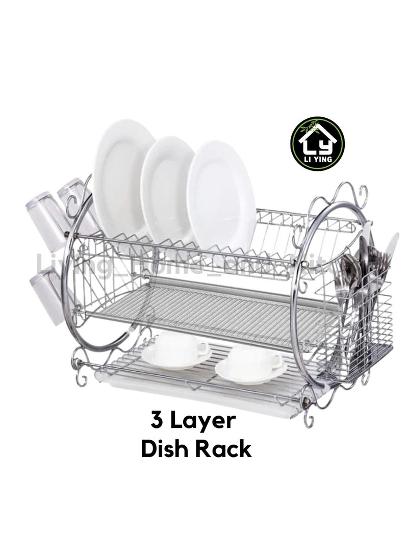 Generic - Liying 3 Tier Round Shape Dish Rack with Cup Holder, Dish Drainer with Automatic Drainage, Drainboard and Steel Utensil Holder Large Capacity - Image 1