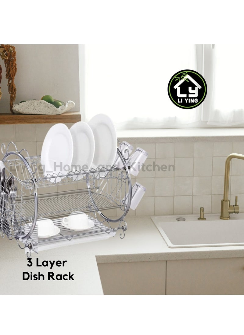 Generic - Liying 3 Tier Round Shape Dish Rack with Cup Holder, Dish Drainer with Automatic Drainage, Drainboard and Steel Utensil Holder Large Capacity - Image 1