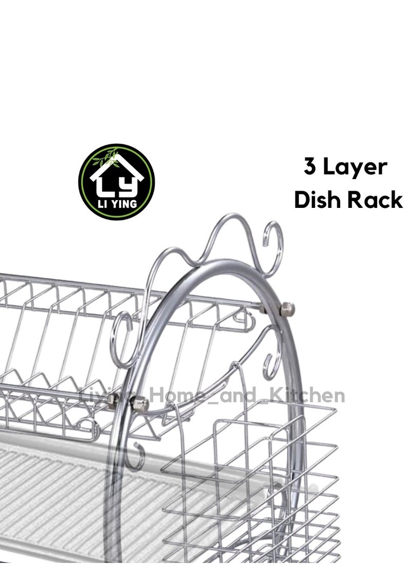 Generic - Liying 3 Tier Round Shape Dish Rack with Cup Holder, Dish Drainer with Automatic Drainage, Drainboard and Steel Utensil Holder Large Capacity - Image 1