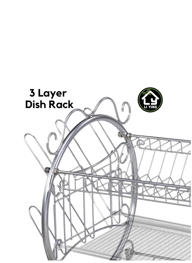 Generic - Liying 3 Tier Round Shape Dish Rack with Cup Holder, Dish Drainer with Automatic Drainage, Drainboard and Steel Utensil Holder Large Capacity - Image 1
