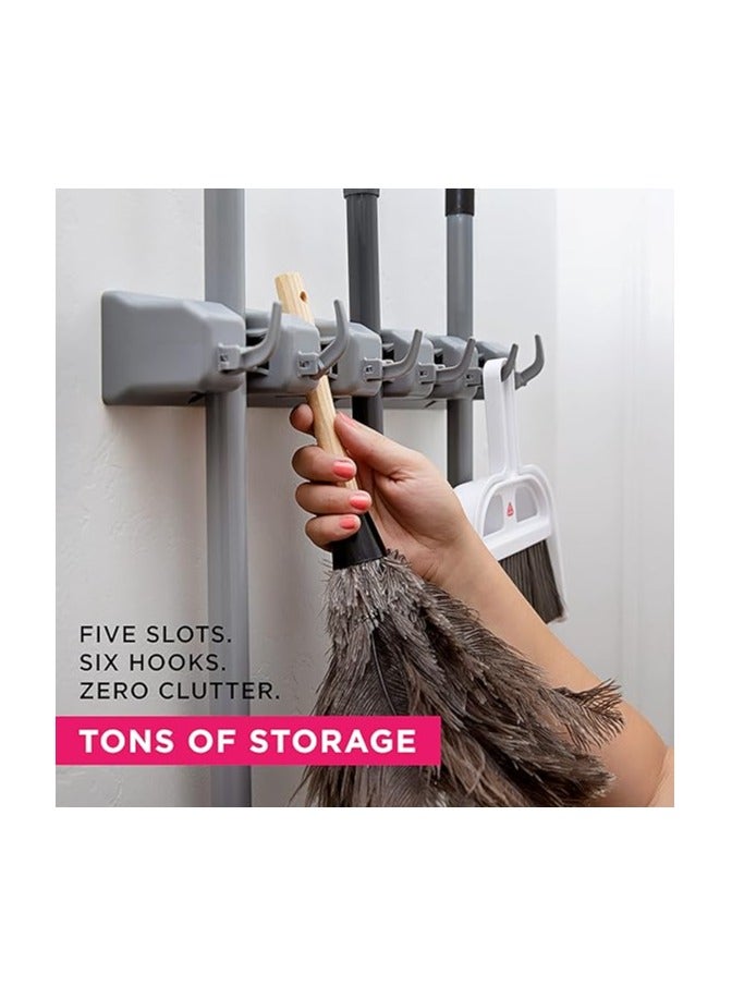 Berry Ave Broom Holder Wall Mount and Garden Tool Organizer, Closet Storage, Kitchen Rack, Home Organization and Garage Organizer for Rake or Mop Handles Up to 1.25-Inches, Hanger Plus 6 Hooks (Grey) - Image 2